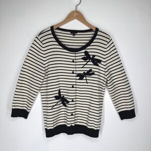 Talbots Striped Dragonfly Button Cardigan Sweater Navy Large New England Preppy